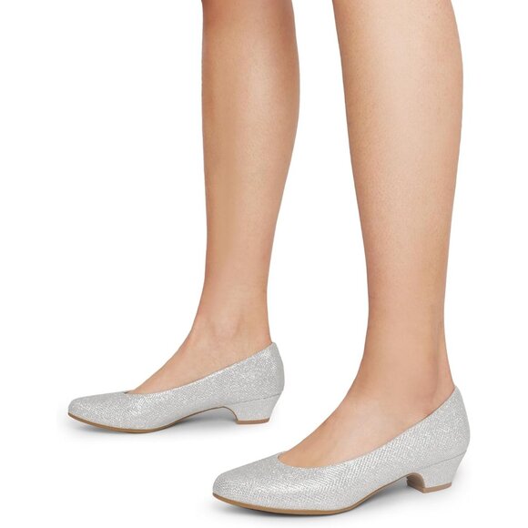 Dream Pairs Women's Silver/Glitter Closed Pointed Toe Low Chunky Heel Pump Shoes - Picture 6 of 7